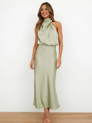 Inrosy longue robe demoiselle d'honneur en satin irrégulière col roulé licou sans manches femme élégant de soirée pour mariage