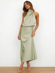 Inrosy longue robe demoiselle d'honneur en satin irrégulière col roulé licou sans manches femme élégant de soirée pour mariage