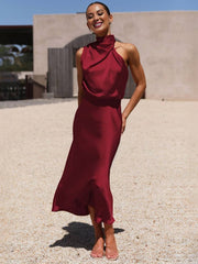 Inrosy longue robe demoiselle d'honneur en satin irrégulière col roulé licou sans manches femme élégant de soirée pour mariage