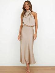 Inrosy longue robe demoiselle d'honneur en satin irrégulière col roulé licou sans manches femme élégant de soirée pour mariage