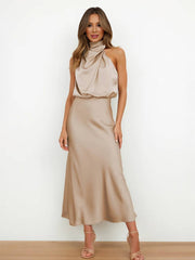 Inrosy longue robe demoiselle d'honneur en satin irrégulière col roulé licou sans manches femme élégant de soirée pour mariage
