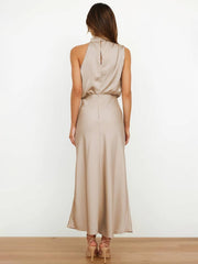 Inrosy longue robe demoiselle d'honneur en satin irrégulière col roulé licou sans manches femme élégant de soirée pour mariage
