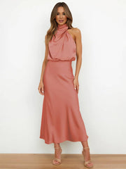 Inrosy longue robe demoiselle d'honneur en satin irrégulière col roulé licou sans manches femme élégant de soirée pour mariage