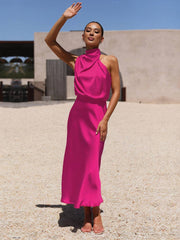 Inrosy longue robe demoiselle d'honneur en satin irrégulière col roulé licou sans manches femme élégant de soirée pour mariage