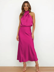 Inrosy longue robe demoiselle d'honneur en satin irrégulière col roulé licou sans manches femme élégant de soirée pour mariage