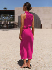Inrosy longue robe demoiselle d'honneur en satin irrégulière col roulé licou sans manches femme élégant de soirée pour mariage