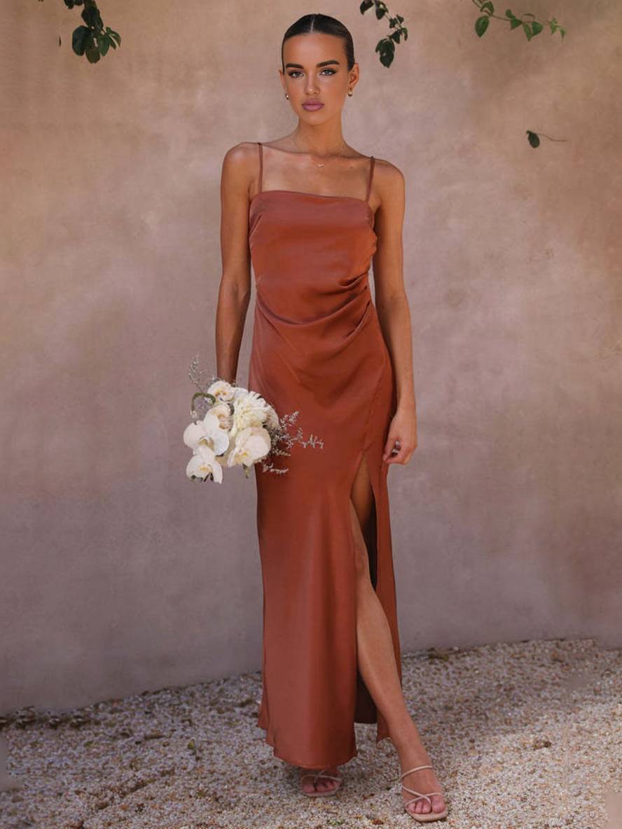 Inrosy robe demoiselle d'honneur satin moulante fendu à fines brides femme élégant de soirée pour mariage champetre