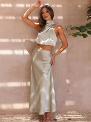 Inrosy robe tenue invité mariage femme licou sans manches femme élégant de soirée deux pièces robe demoiselle d'honneur