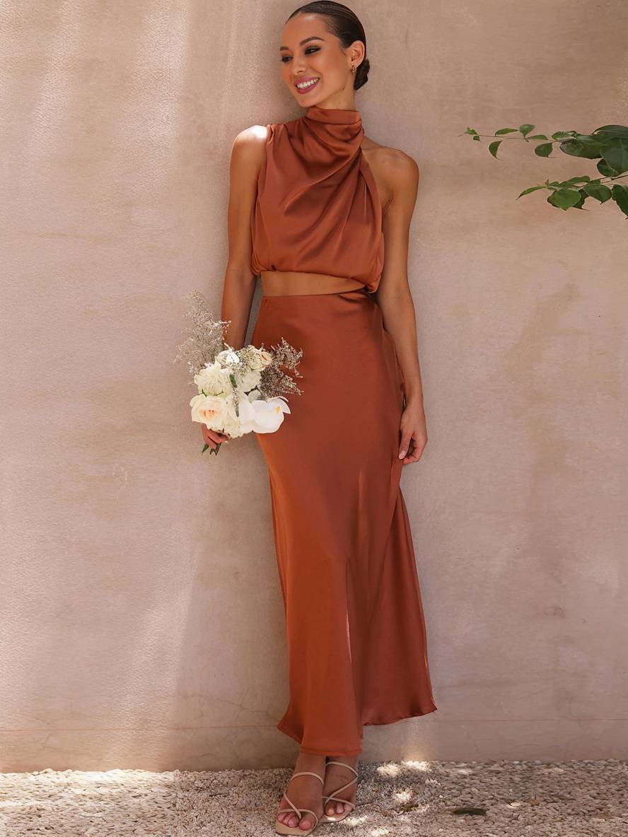Inrosy robe tenue invité mariage femme licou sans manches femme élégant de soirée deux pièces robe demoiselle d'honneur