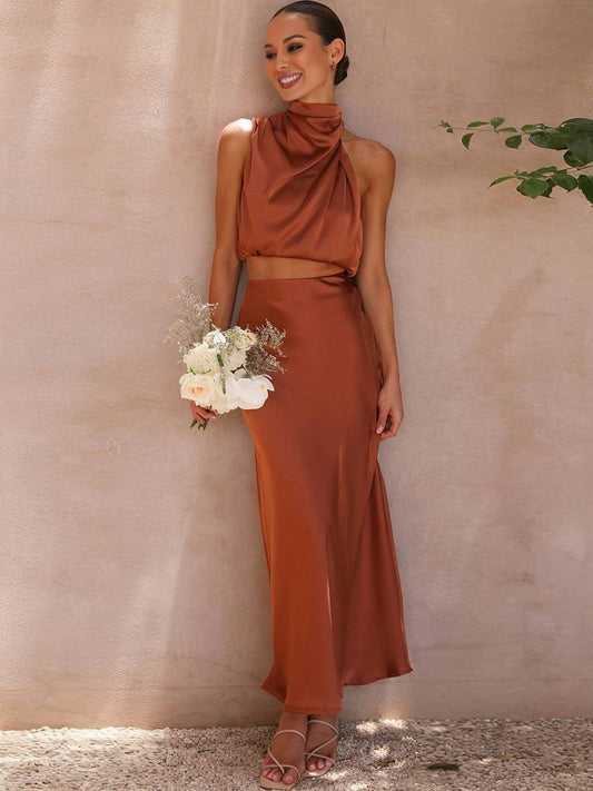 Inrosy robe tenue invité mariage femme licou sans manches femme élégant de soirée deux pièces robe demoiselle d'honneur