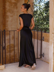 Inrosy robe en satin robe demoiselle d'honneur moulante sirene v-cou mancherons femme élégant de soirée pour mariage