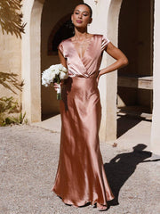 Inrosy robe en satin robe demoiselle d'honneur moulante sirene v-cou mancherons femme élégant de soirée pour mariage