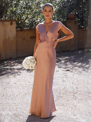 Inrosy robe en satin robe demoiselle d'honneur moulante sirene v-cou mancherons femme élégant de soirée pour mariage
