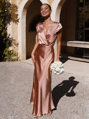 Inrosy robe en satin robe demoiselle d'honneur moulante sirene v-cou mancherons femme élégant de soirée pour mariage
