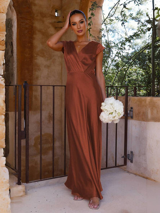 Inrosy robe en satin robe demoiselle d'honneur moulante sirene v-cou mancherons femme élégant de soirée pour mariage