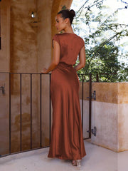 Inrosy robe en satin robe demoiselle d'honneur moulante sirene v-cou mancherons femme élégant de soirée pour mariage