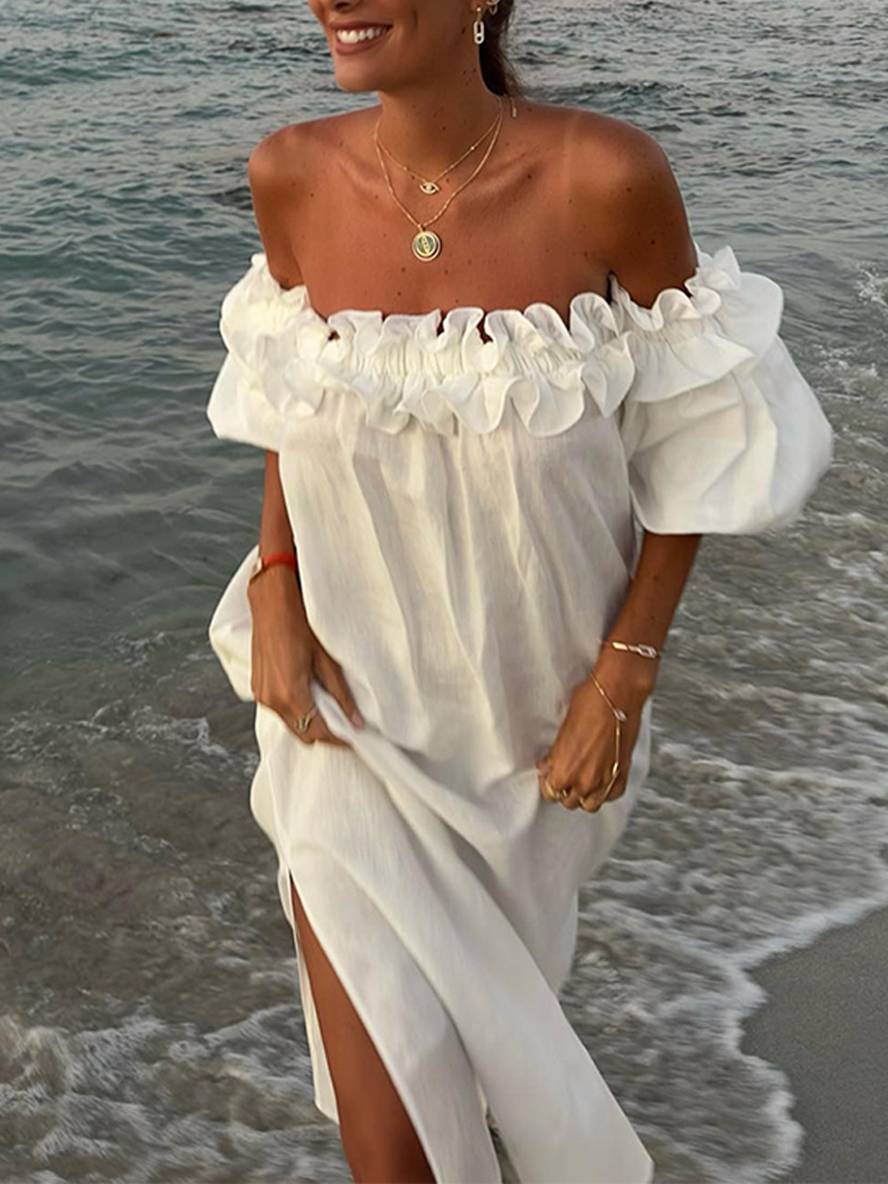 Inrosy robe longue col bateau fendu le côté manches bouffantes manches courtes femme décontracté ample de plage