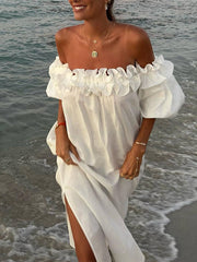Inrosy robe longue col bateau fendu le côté manches bouffantes manches courtes femme décontracté ample de plage