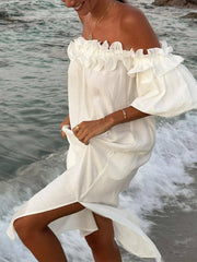 Inrosy robe longue col bateau fendu le côté manches bouffantes manches courtes femme décontracté ample de plage