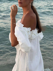 Inrosy robe longue col bateau fendu le côté manches bouffantes manches courtes femme décontracté ample de plage