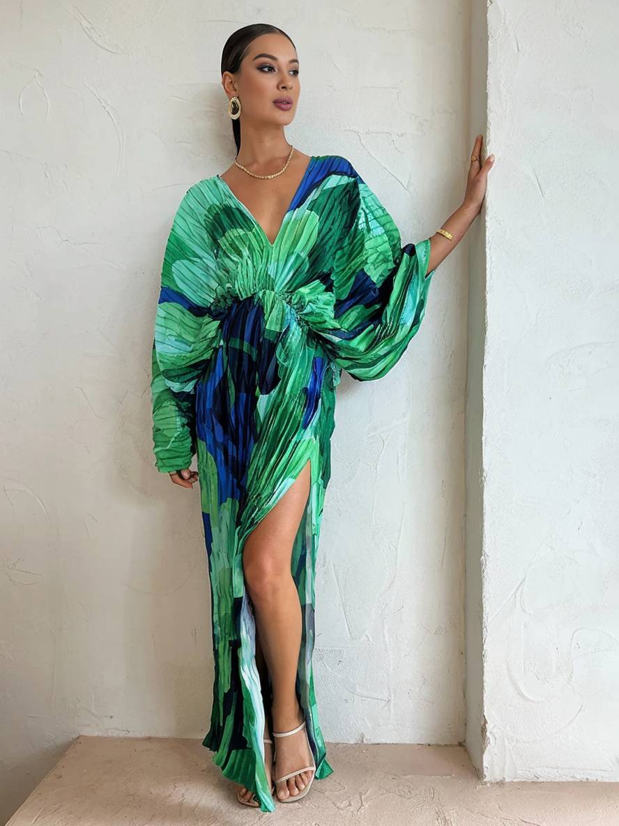 Inrosy robe longue tropicale fendu plissé v-cou manches chauve souris manches longues femme ample décontracté vintage