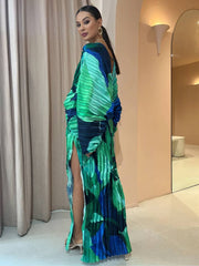 Inrosy robe longue tropicale fendu plissé v-cou manches chauve souris manches longues femme ample décontracté vintage