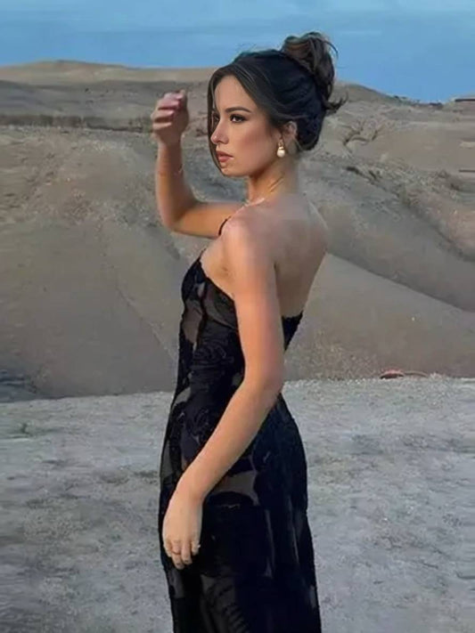 Inrosy robe longue moulante burnout fleurie bustier dos nu sans manches femme vintage de soirée noir