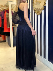 Inrosy robe longue une épaule tulle fendu le côté manches bishop manches longues femme élégant bal de promo cérémonie