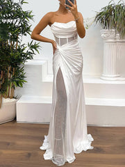 Inrosy robe longue moulante bustier sans manches nœud fendu le côté tulle femme élégant de soirée pour mariage