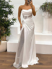 Inrosy robe longue moulante bustier sans manches nœud fendu le côté tulle femme élégant de soirée pour mariage