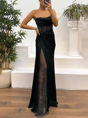 Inrosy robe longue moulante bustier sans manches nœud fendu le côté tulle femme élégant de soirée pour mariage