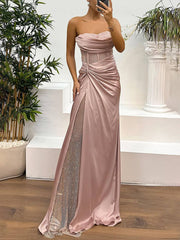 Inrosy robe longue moulante bustier sans manches nœud fendu le côté tulle femme élégant de soirée pour mariage