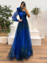 Inrosy robe longue imprimé à fleurie tulle fendu le côté une épaule manches longues femme élégant de soirée bal de promo