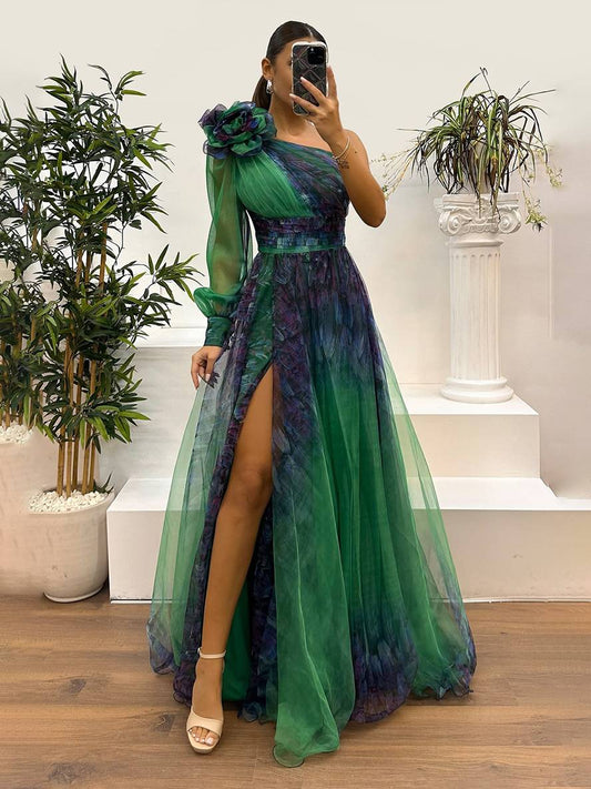 Inrosy robe longue imprimé à fleurie tulle fendu le côté une épaule manches longues femme élégant de soirée bal de promo