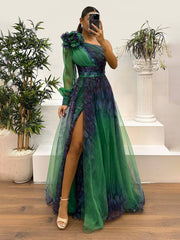 Inrosy robe longue imprimé à fleurie tulle fendu le côté une épaule manches longues femme élégant de soirée bal de promo