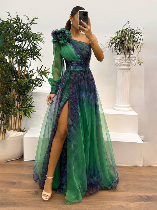 Inrosy robe longue imprimé à fleurie tulle fendu le côté une épaule manches longues femme élégant de soirée bal de promo