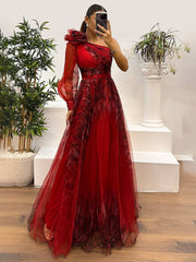 Inrosy robe longue imprimé à fleurie tulle fendu le côté une épaule manches longues femme élégant de soirée bal de promo