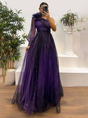 Inrosy robe longue imprimé à fleurie tulle fendu le côté une épaule manches longues femme élégant de soirée bal de promo
