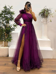 Inrosy robe longue imprimé à fleurie tulle fendu le côté une épaule manches longues femme élégant de soirée bal de promo
