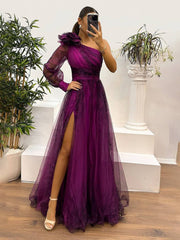 Inrosy robe longue imprimé à fleurie tulle fendu le côté une épaule manches longues femme élégant de soirée bal de promo