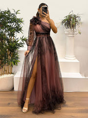 Inrosy robe longue imprimé à fleurie tulle fendu le côté une épaule manches longues femme élégant de soirée bal de promo