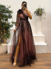 Inrosy robe longue imprimé à fleurie tulle fendu le côté une épaule manches longues femme élégant de soirée bal de promo