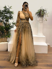 Inrosy robe longue imprimé à fleurie tulle fendu le côté une épaule manches longues femme élégant de soirée bal de promo
