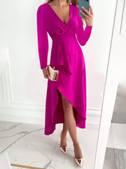 Inrosy robe longue moulante v-cou fendu le côté manches longues irrégulière femme élégant bal de promo