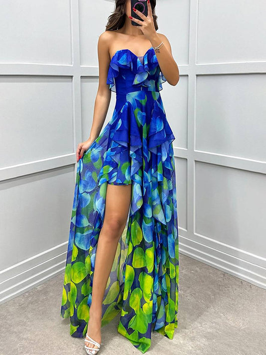 Inrosy robe longue imprimé à fleurie tulle fendu le côté bustier dos nu sans manches femme élégant de plage