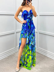 Inrosy robe longue imprimé à fleurie tulle fendu le côté bustier dos nu sans manches femme élégant de plage