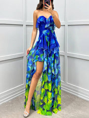 Inrosy robe longue imprimé à fleurie tulle fendu le côté bustier dos nu sans manches femme élégant de plage