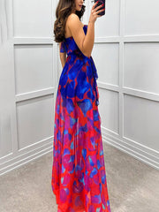 Inrosy robe longue imprimé à fleurie tulle fendu le côté bustier dos nu sans manches femme élégant de plage