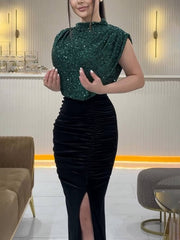 Inrosy robe longue moulante brillante paillette fendu le côté col rond sans manches femme de soirée bal de promo nouvel an