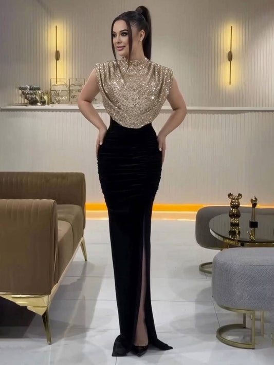 Inrosy robe longue moulante brillante paillette fendu le côté col rond sans manches femme de soirée bal de promo nouvel an